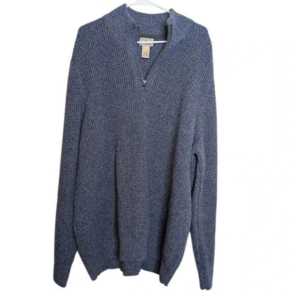 L.L. Bean Mens Blue Knit Sweater Long Sleeve 100% Cotton Pullover 1/4‎ Zip Heavy
